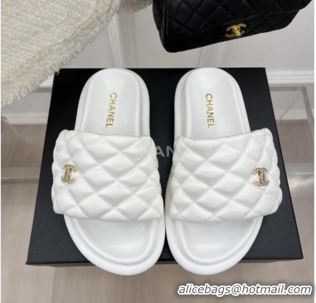 Stylish Chanel Nylon Flat Slide Sandals White 030246