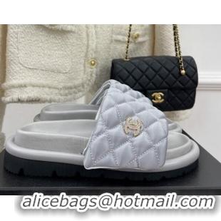 Good Quality Chanel Nylon Flat Slide Sandals Grey 030248