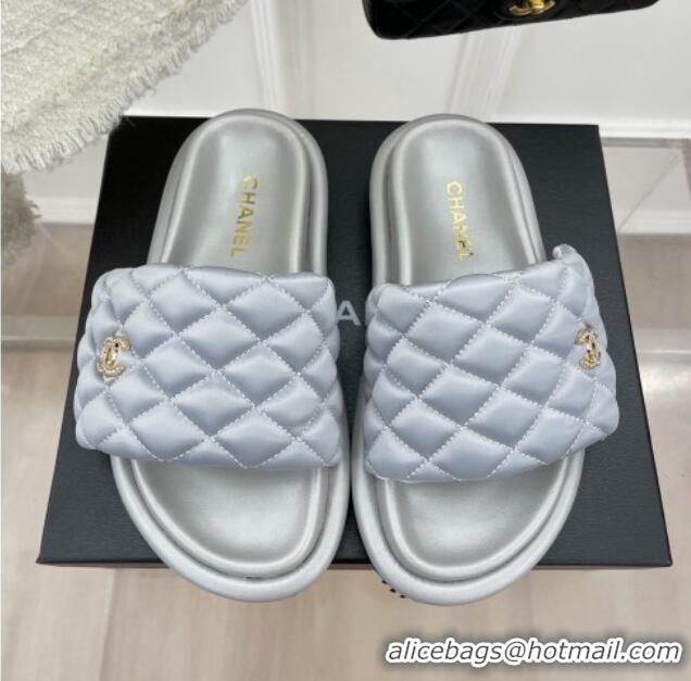 Good Quality Chanel Nylon Flat Slide Sandals Grey 030248