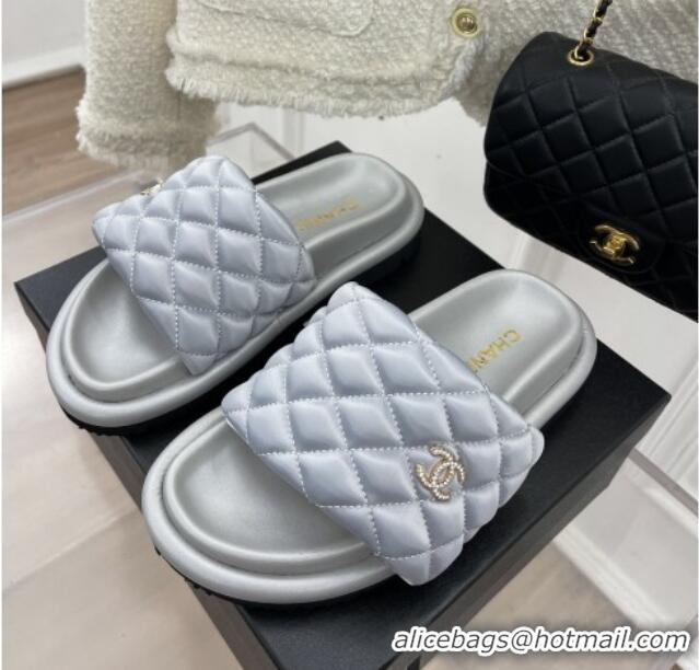 Good Quality Chanel Nylon Flat Slide Sandals Grey 030248