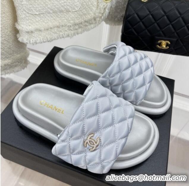 Good Quality Chanel Nylon Flat Slide Sandals Grey 030248