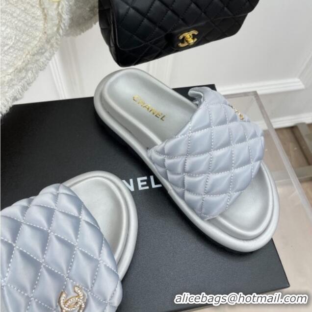 Good Quality Chanel Nylon Flat Slide Sandals Grey 030248