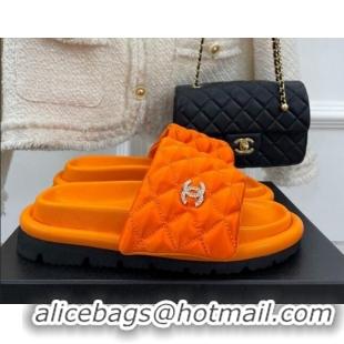 Luxurious Chanel Nylon Flat Slide Sandals Orange 030251