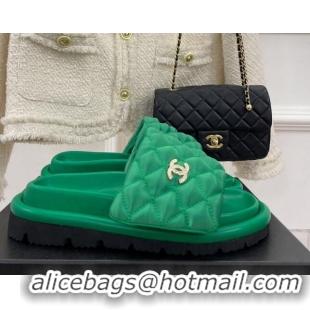 Good Quality Chanel Nylon Flat Slide Sandals Green 030252