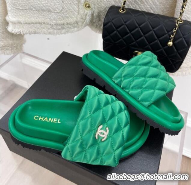 Good Quality Chanel Nylon Flat Slide Sandals Green 030252