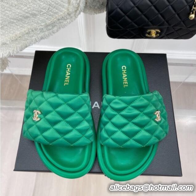 Good Quality Chanel Nylon Flat Slide Sandals Green 030252