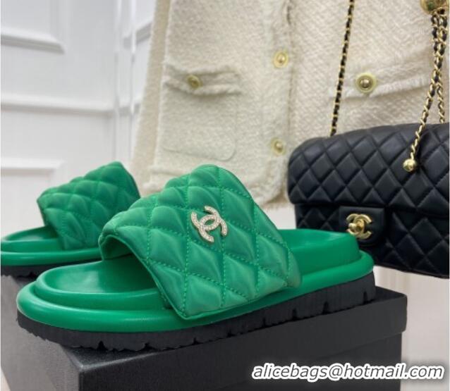 Good Quality Chanel Nylon Flat Slide Sandals Green 030252