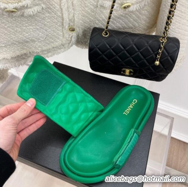 Good Quality Chanel Nylon Flat Slide Sandals Green 030252