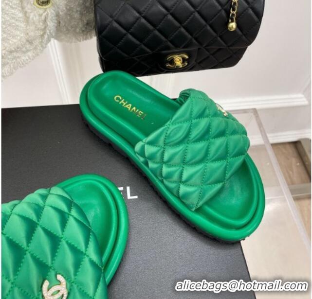 Good Quality Chanel Nylon Flat Slide Sandals Green 030252