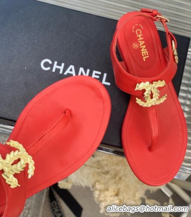 Best Grade Chanel Calfskin Flat Thong Sandals G36140 Red 030259