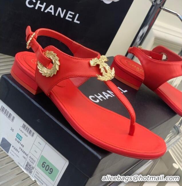 Best Grade Chanel Calfskin Flat Thong Sandals G36140 Red 030259