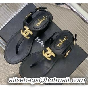 Sumptuous Chanel Calfskin Flat Thong Sandals G36140 Black 030260