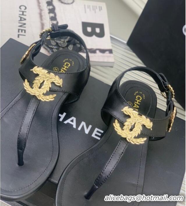 Sumptuous Chanel Calfskin Flat Thong Sandals G36140 Black 030260