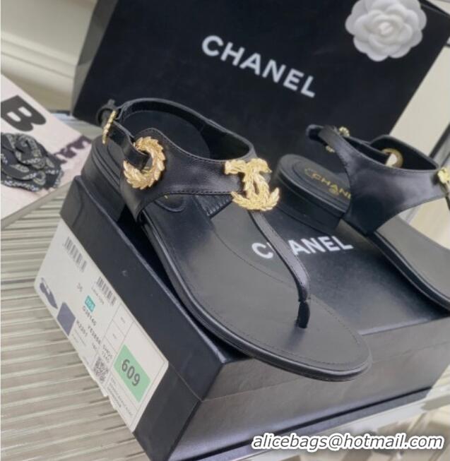 Sumptuous Chanel Calfskin Flat Thong Sandals G36140 Black 030260