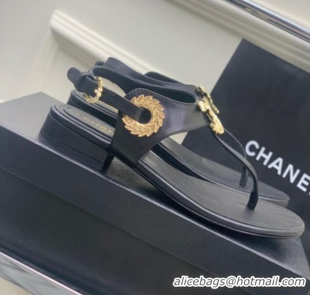 Sumptuous Chanel Calfskin Flat Thong Sandals G36140 Black 030260