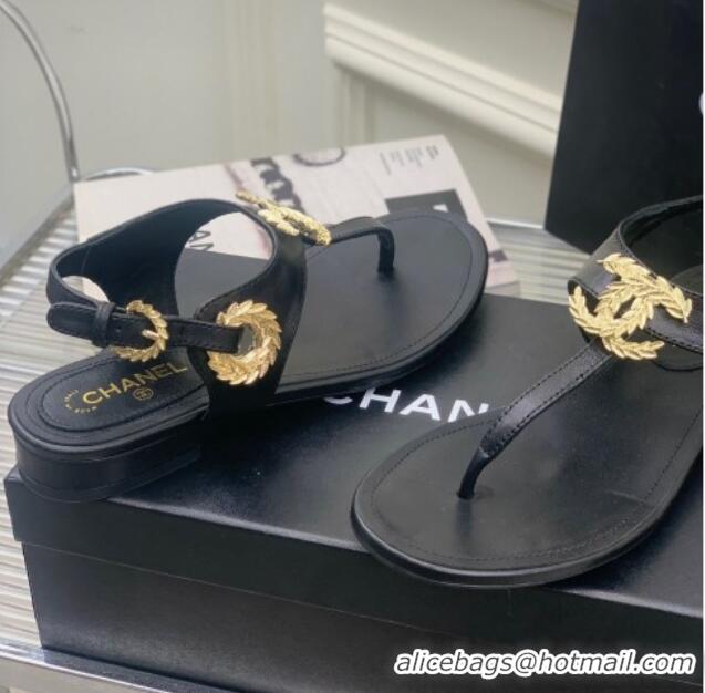 Sumptuous Chanel Calfskin Flat Thong Sandals G36140 Black 030260