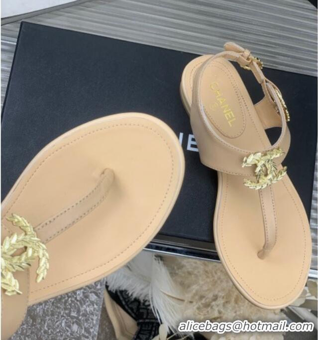 Stylish Chanel Calfskin Flat Thong Sandals G36140 Beige 030261