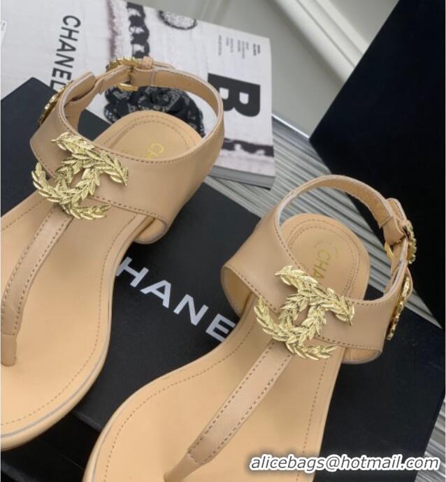 Stylish Chanel Calfskin Flat Thong Sandals G36140 Beige 030261