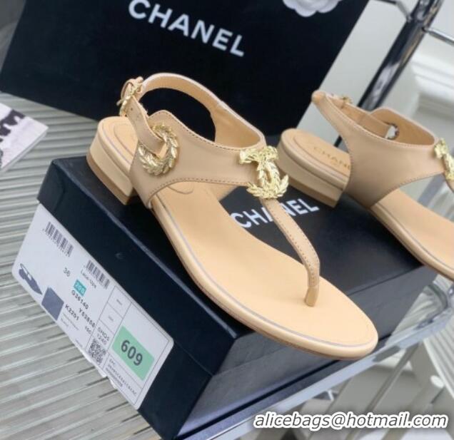 Stylish Chanel Calfskin Flat Thong Sandals G36140 Beige 030261