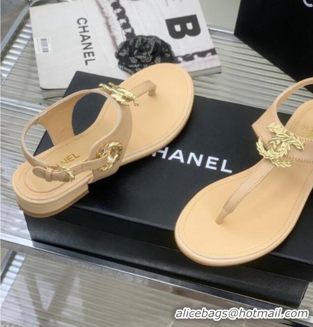 Stylish Chanel Calfskin Flat Thong Sandals G36140 Beige 030261