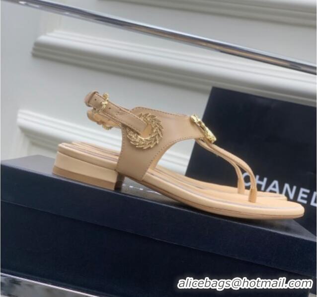 Stylish Chanel Calfskin Flat Thong Sandals G36140 Beige 030261