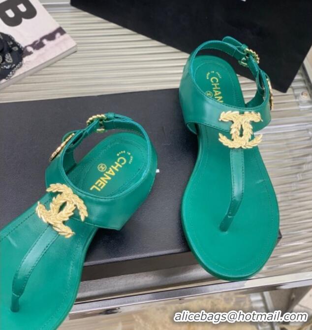 Luxury Chanel Calfskin Flat Thong Sandals G36140 Green 030262