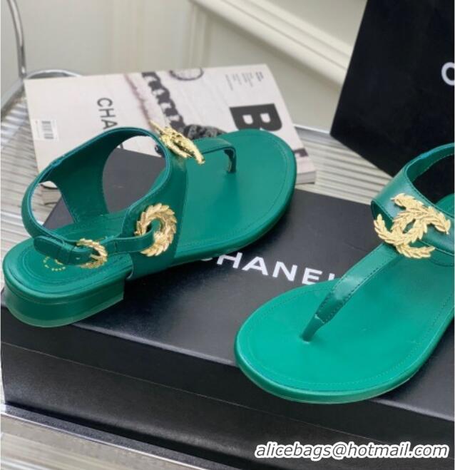 Luxury Chanel Calfskin Flat Thong Sandals G36140 Green 030262