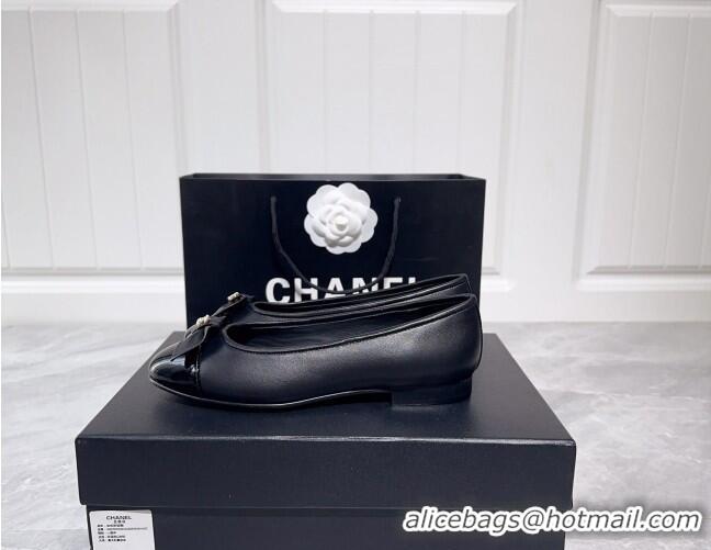 Fashion Chanel Lambskin & Grosgrain Ballerinas Flat with Bow G39999 Black 030265