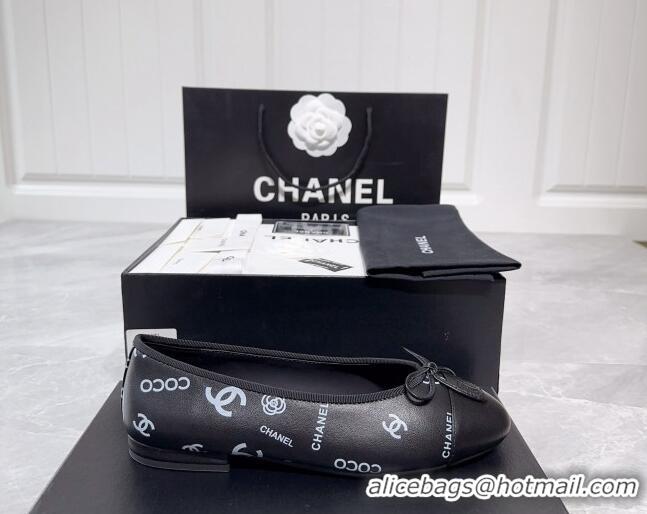 Perfect Chanel Printed Calfskin Ballerinas Flat Black 1/White 030267