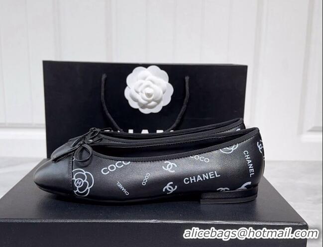 Perfect Chanel Printed Calfskin Ballerinas Flat Black 1/White 030267