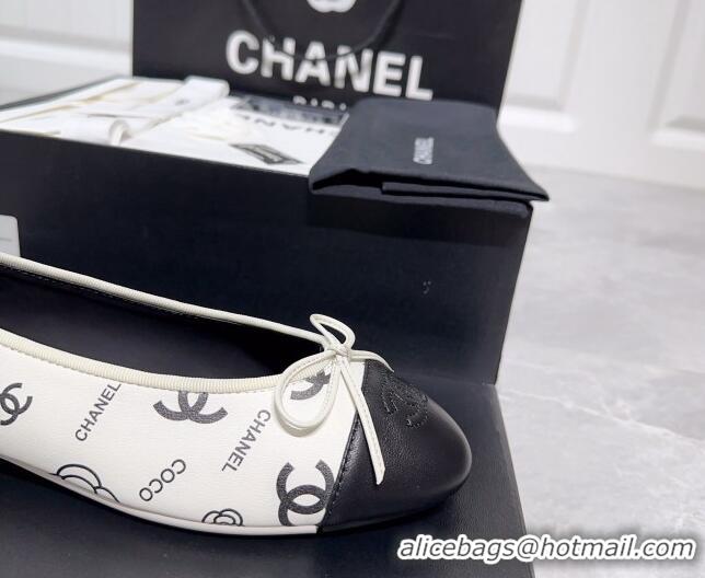 Classic Hot Chanel Printed Calfskin Ballerinas Flat White/Black 030268