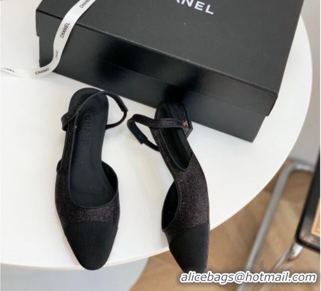 Good Quality Chanel Glitter & Grosgrain Slingbacks Flats G31319 Black 030372