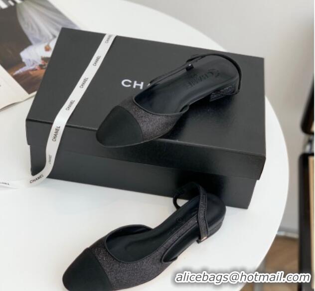 Good Quality Chanel Glitter & Grosgrain Slingbacks Flats G31319 Black 030372