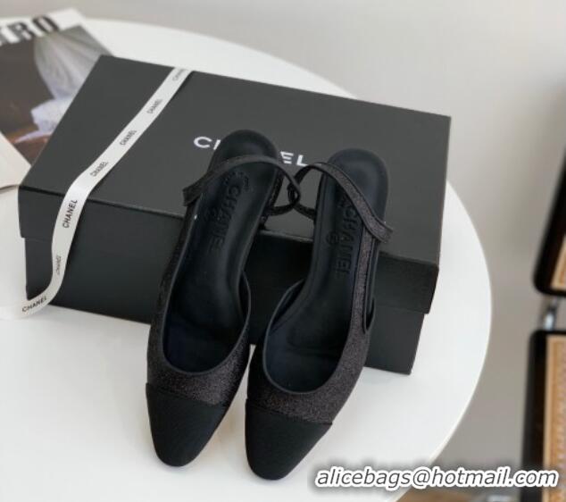 Good Quality Chanel Glitter & Grosgrain Slingbacks Flats G31319 Black 030372