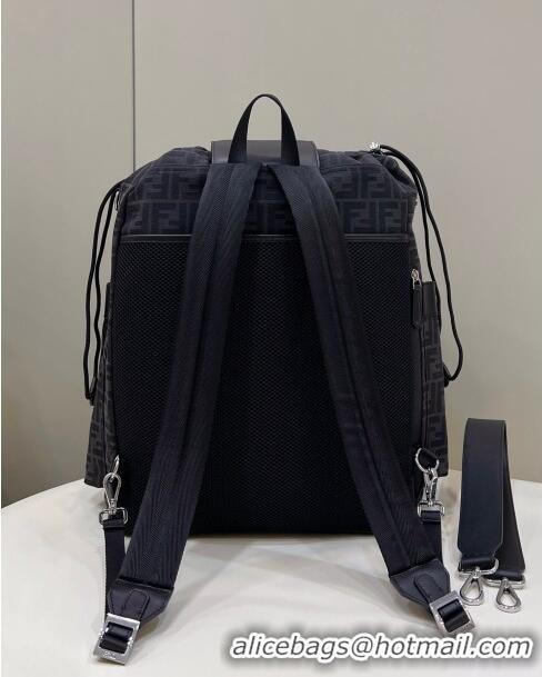 Top Design Fendi Drawstring Backpack in FF Jacquard Fabric 8583 Black 2022