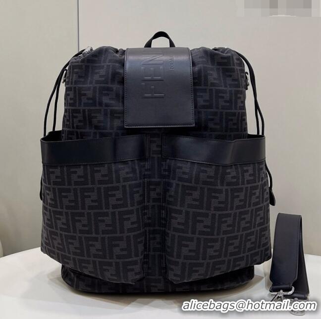 Top Design Fendi Drawstring Backpack in FF Jacquard Fabric 8583 Black 2022