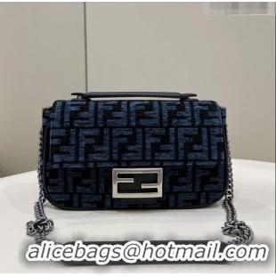 Free Shipping Fendi Baguette Chain Midi Bag in 8533B Dark Blue FF Tapestry Fabric 2022