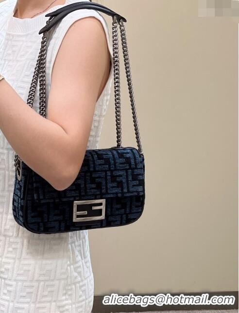 Free Shipping Fendi Baguette Chain Midi Bag in 8533B Dark Blue FF Tapestry Fabric 2022