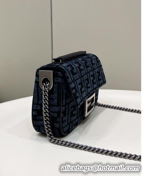 Free Shipping Fendi Baguette Chain Midi Bag in 8533B Dark Blue FF Tapestry Fabric 2022