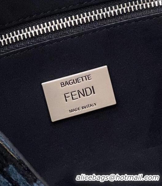 Free Shipping Fendi Baguette Chain Midi Bag in 8533B Dark Blue FF Tapestry Fabric 2022