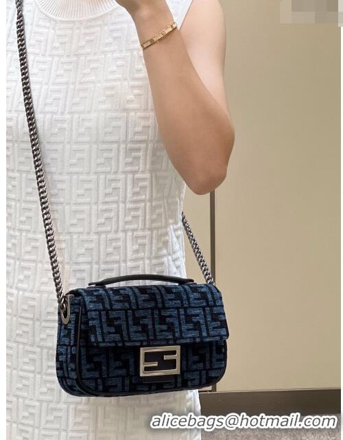 Free Shipping Fendi Baguette Chain Midi Bag in 8533B Dark Blue FF Tapestry Fabric 2022