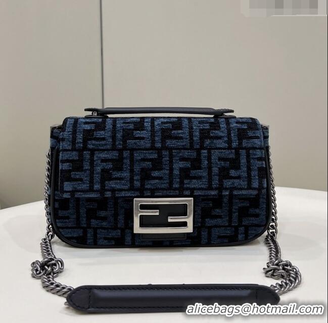 Free Shipping Fendi Baguette Chain Midi Bag in 8533B Dark Blue FF Tapestry Fabric 2022