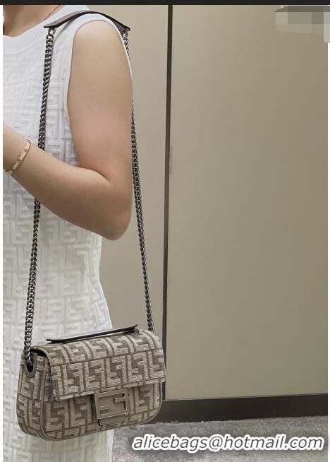 Famous Brand Fendi Baguette Chain Midi Bag in FF Fabric 8533B2 Grey 2022