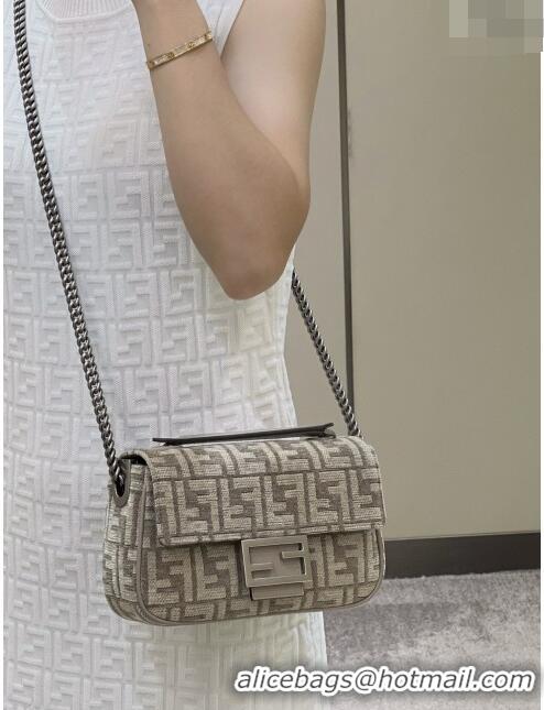 Famous Brand Fendi Baguette Chain Midi Bag in FF Fabric 8533B2 Grey 2022