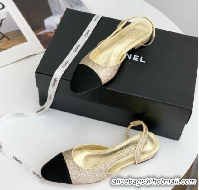 Good Quality Chanel Glitter & Grosgrain Slingbacks Flats G31319 Gold 030374