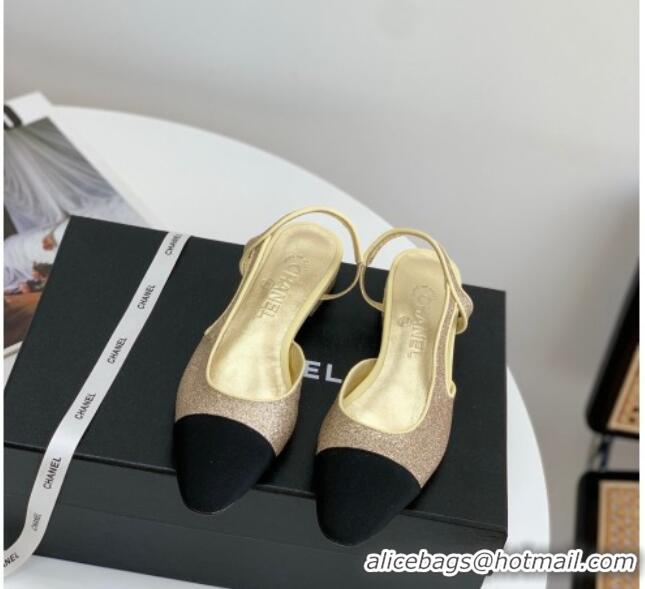 Good Quality Chanel Glitter & Grosgrain Slingbacks Flats G31319 Gold 030374