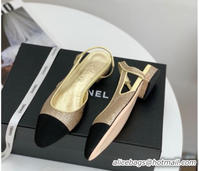 Good Quality Chanel Glitter & Grosgrain Slingbacks Flats G31319 Gold 030374