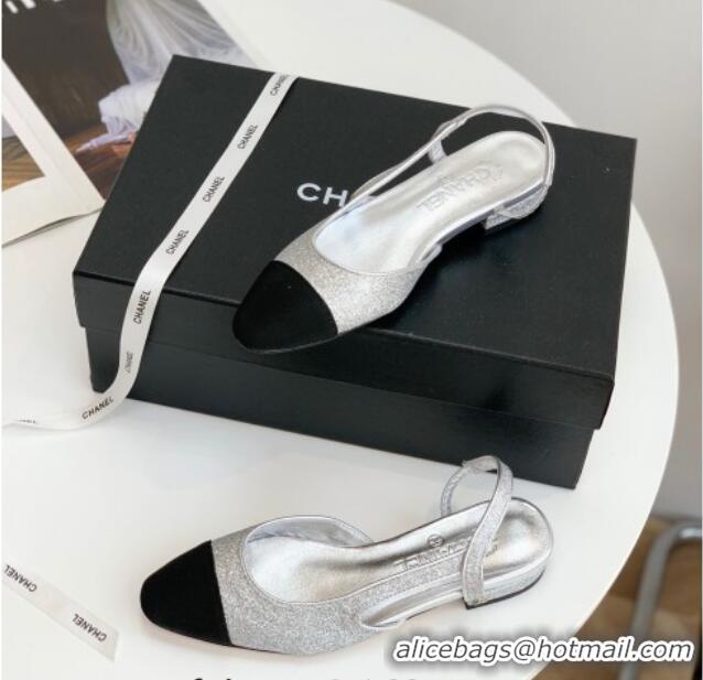 Grade Quality Chanel Glitter & Grosgrain Slingbacks Flats G31319 Silver 030375