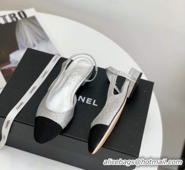 Grade Quality Chanel Glitter & Grosgrain Slingbacks Flats G31319 Silver 030375