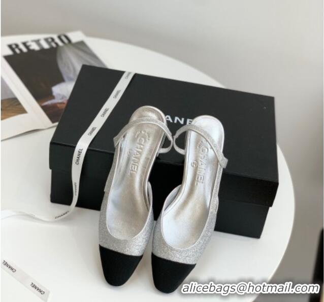 Grade Quality Chanel Glitter & Grosgrain Slingbacks Flats G31319 Silver 030375